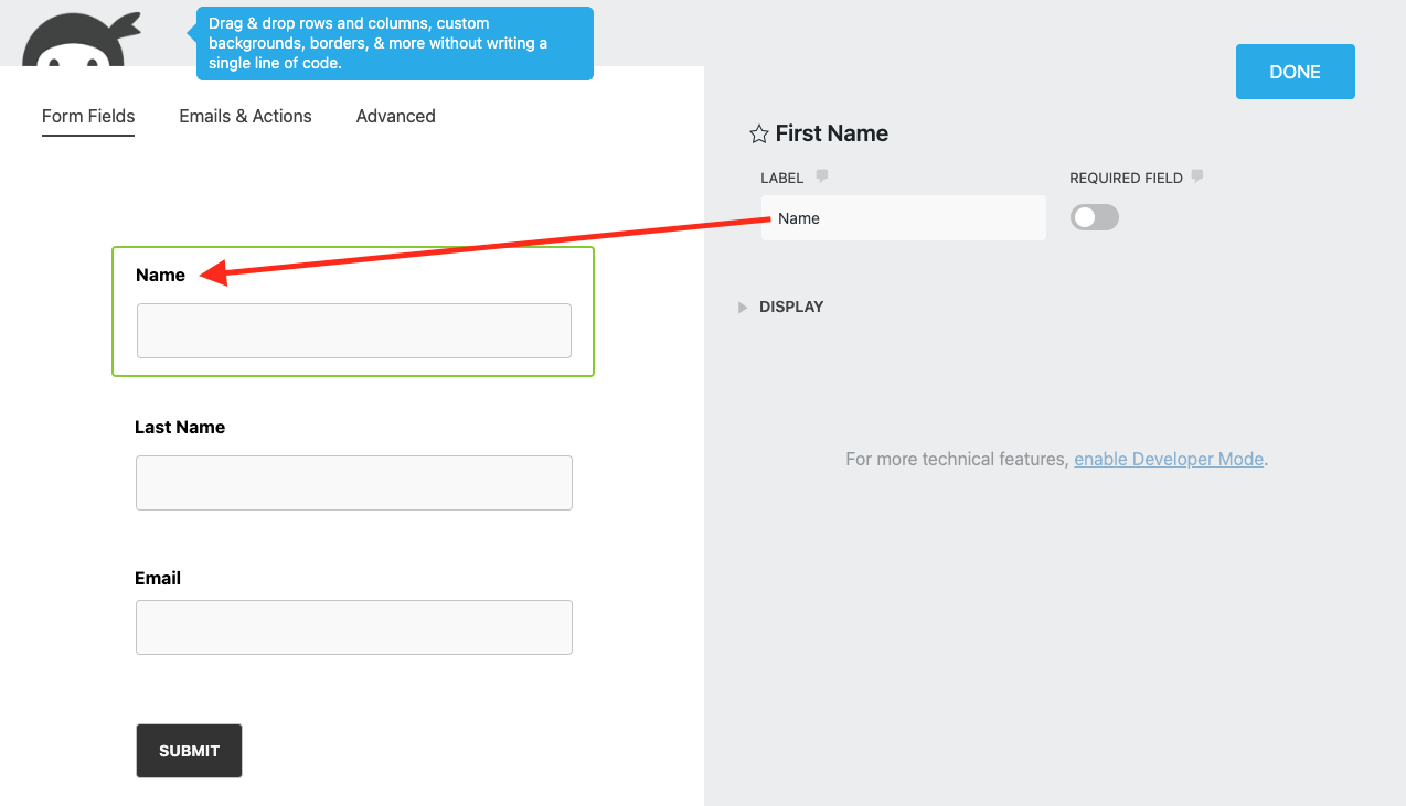 image of the settings window for a First Name field, with an arrow indicating how changing the Label setting has changed the name of the field in the builder.